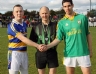 St.Mary's Rasharkin Captain Thomas Doherty, Cuchullians Dunloy Captain Kevin McQuillan with Referee Jarleth O'Donnell (Con Magees Glenravel)